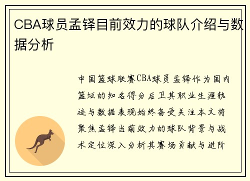 CBA球员孟铎目前效力的球队介绍与数据分析